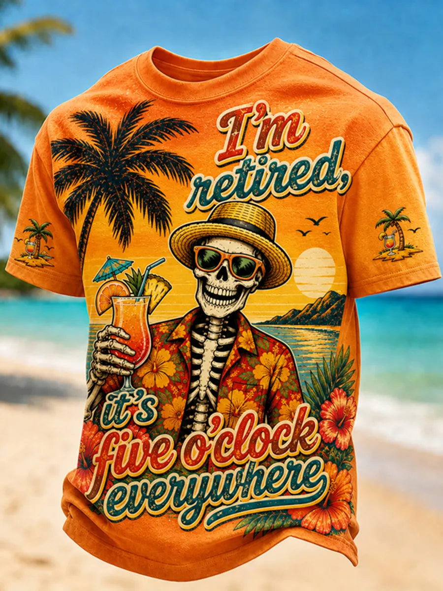 Men's "I'm Retired, It's Five o'clock Everywhere Now" Skull Print Casual T-shirt