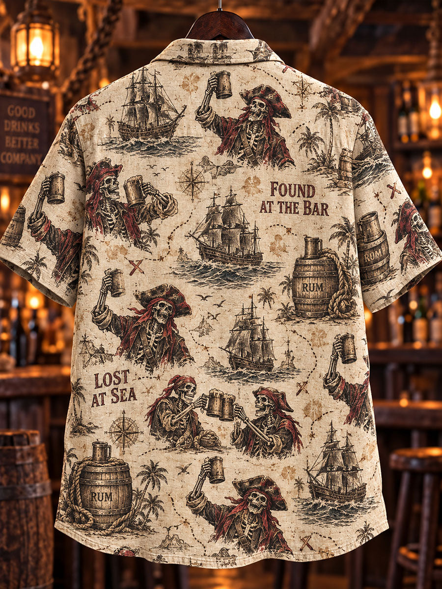 Men’s Vintage Pirate & Sailing Ship Allover Print Short Sleeve Shirt