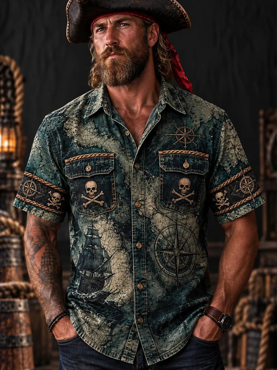 Men’s Vintage  "LOST AT SEA " Old Salt Pirate Short Sleeve Shirt