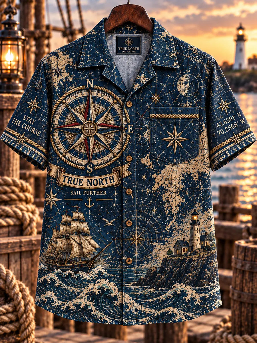 🧭 TRUE NORTH Men's Vintage Nautical Compass & Lighthouse Hawaiian Shirt