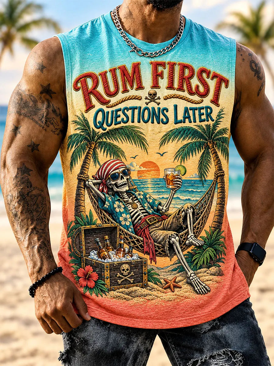 Men’s Rum First, Questions Later Pirate Skull Vacation Sleeveless T-Shirt