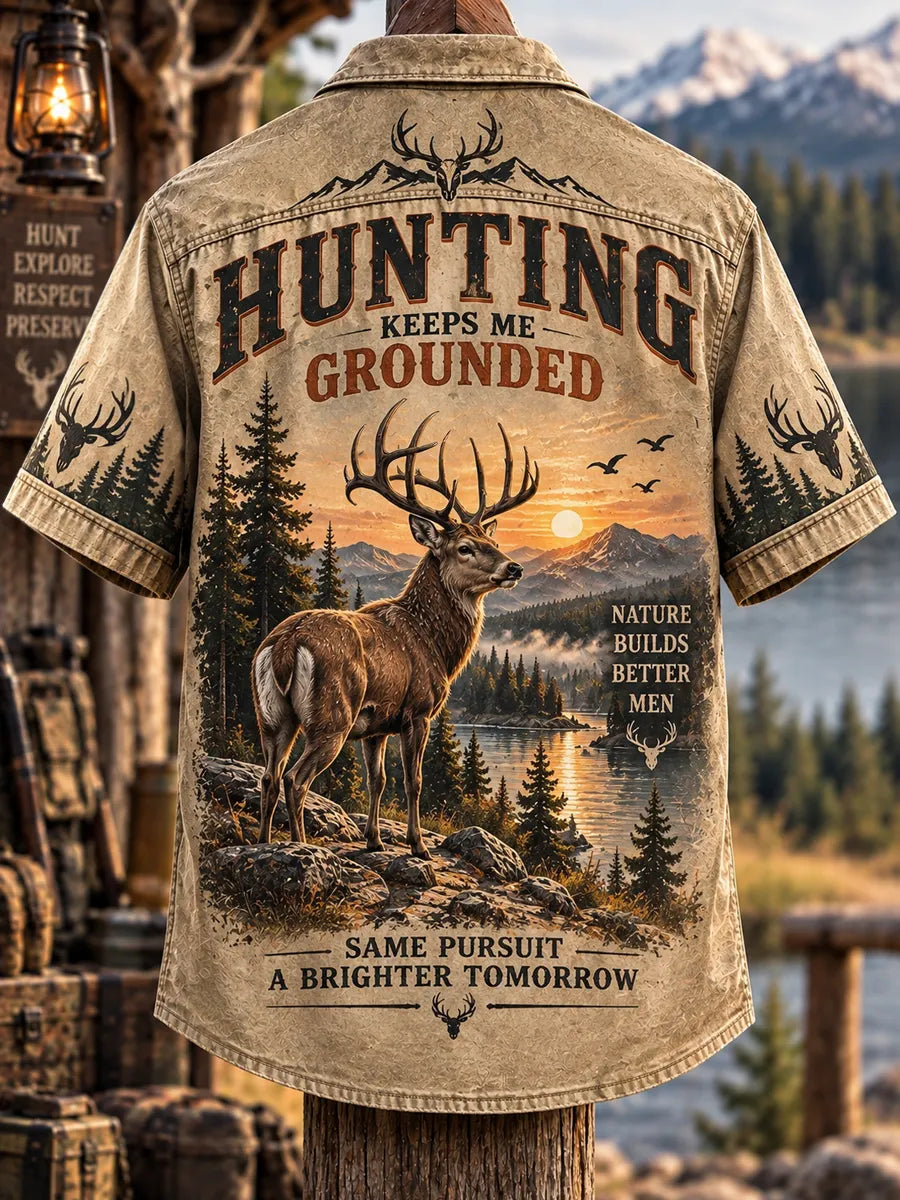 Men’s Vintage Hunting Culture Print Short Sleeve Shirt