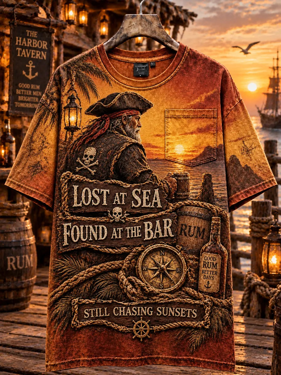 Men’s Lost at Sea Found at the Bar Sunset Pirate Graphic Pocket T-Shirt