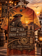 Men’s Lost at Sea Found at the Bar Sunset Pirate Graphic Pocket T-Shirt