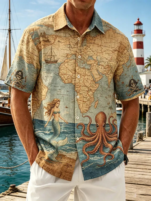 Linen-Texture Vintage Map Pirate Ship Octopus Mermaid and Pirate Motif Chest Pocket Holiday Hawaiian Shirt