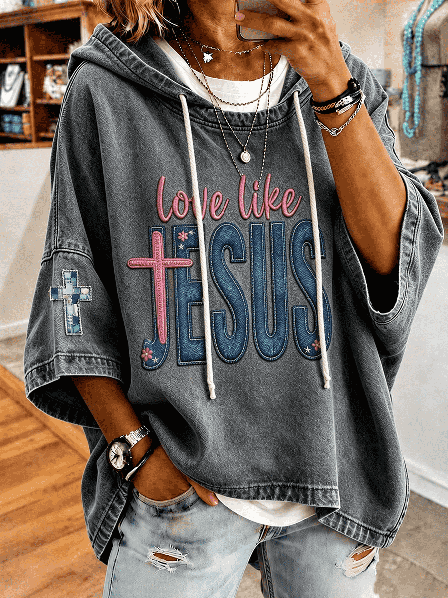 Women's Love Like Jesus Pink Cross Letter Patch Cross Sleeve Embroidery Hoodie
