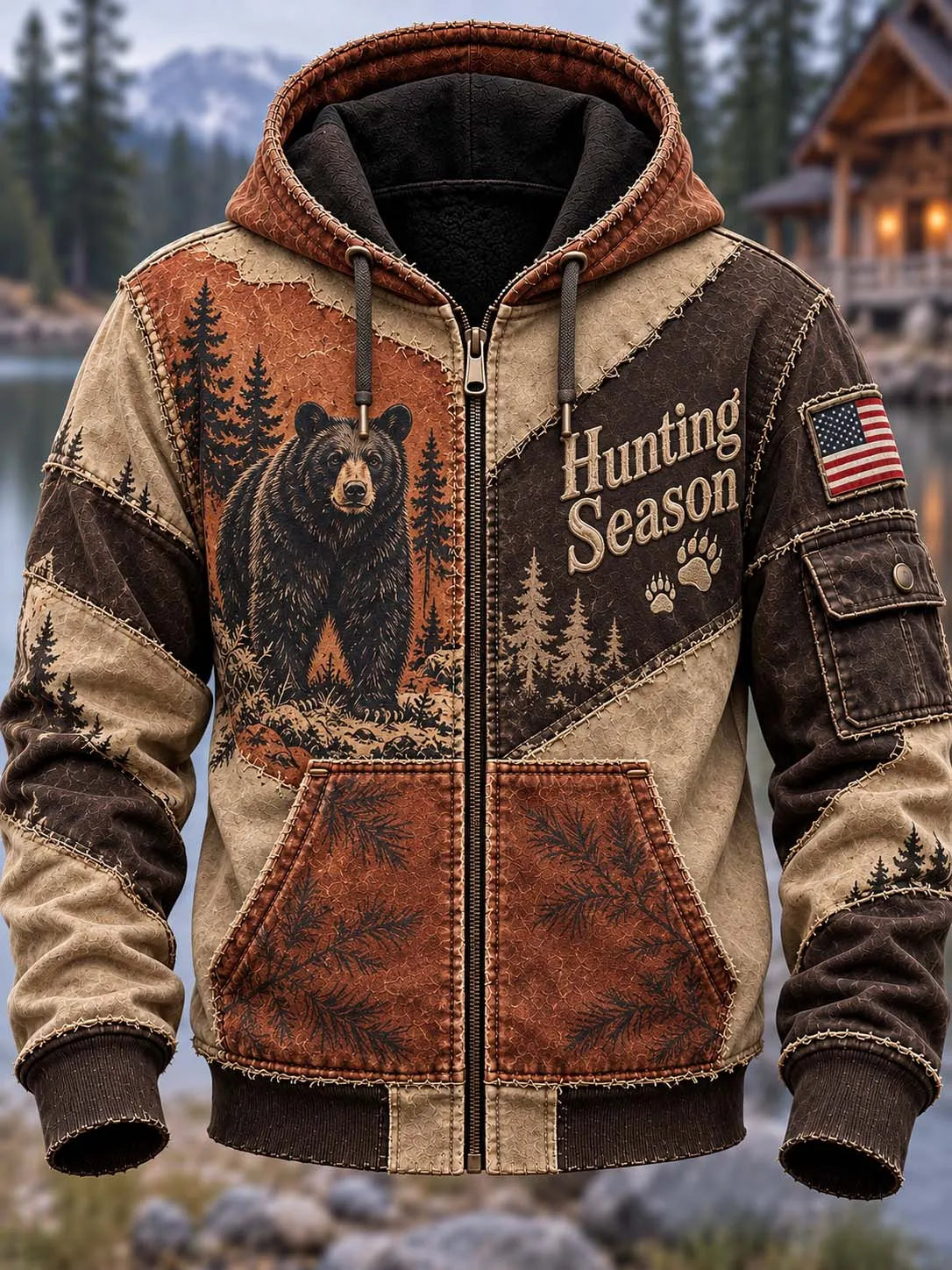 🐻🌲 Hunting Season Grizzly Bear Pine Forest Zip Hoodie