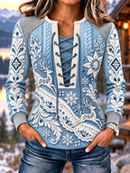 Women's Nordic Deer Floral Print Stitch Detail Lace-Up Sweatshirt