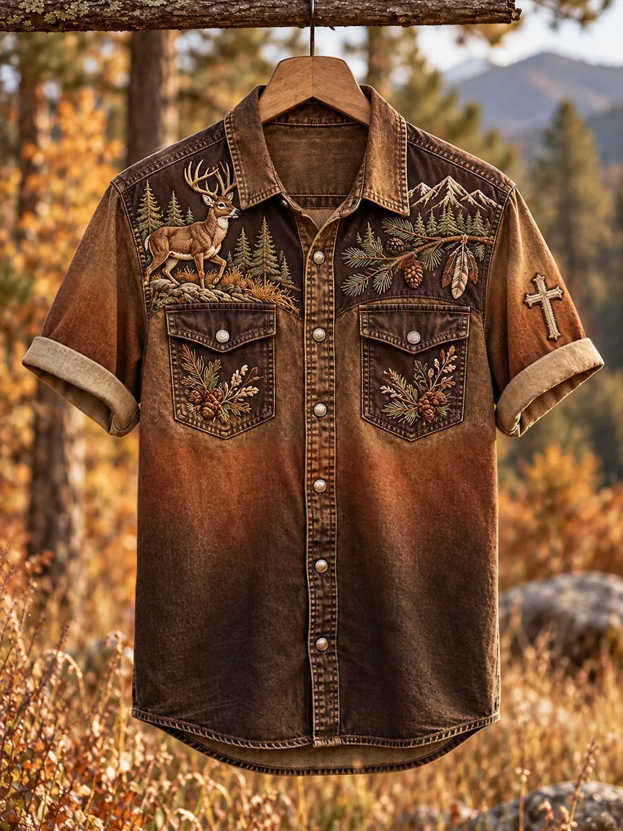 Vintage  Retro Hunting Culture Faith Art Print Short-Sleeve Button-Up Shirt