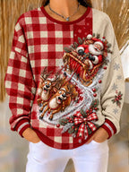 🛷 "Santa Sleigh & Reindeer Adventure" Red Buffalo Plaid Waffle Knit Sweatshirt