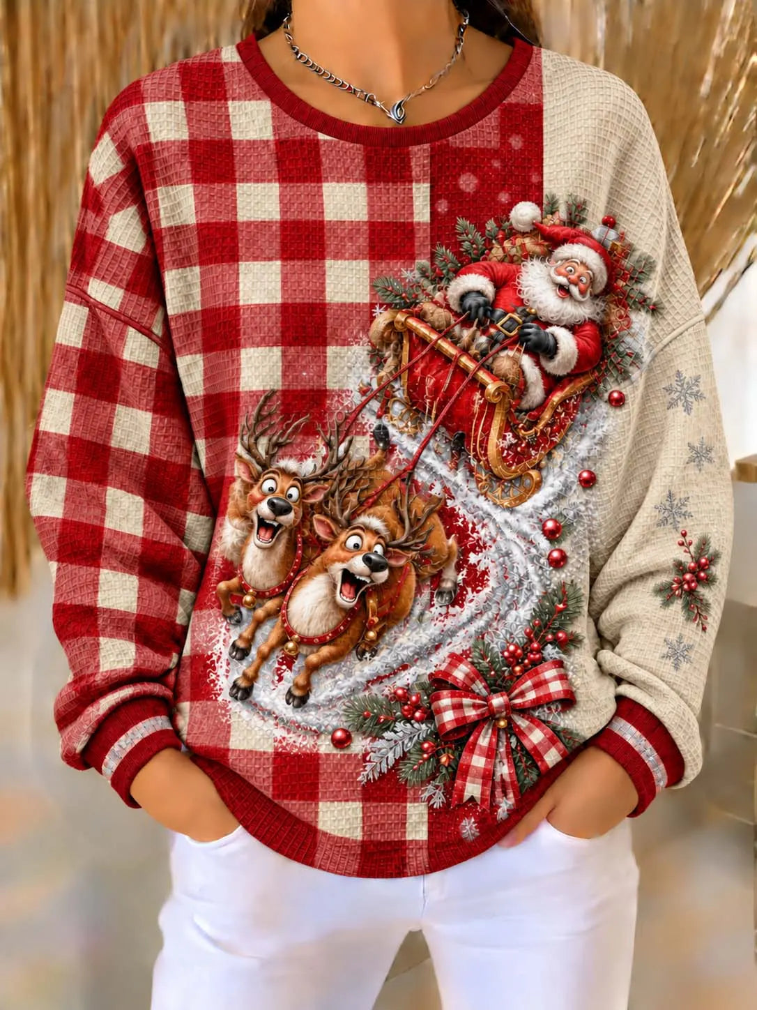 🛷 "Santa Sleigh & Reindeer Adventure" Red Buffalo Plaid Waffle Knit Sweatshirt