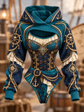 Women's Pirate Print Hooded Crop Top & Bodysuit 2-Piece Set