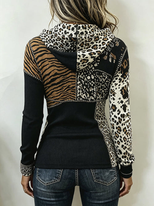 Lucy™ | Chic Animal Patchwork Print Ribbed Hooded Top